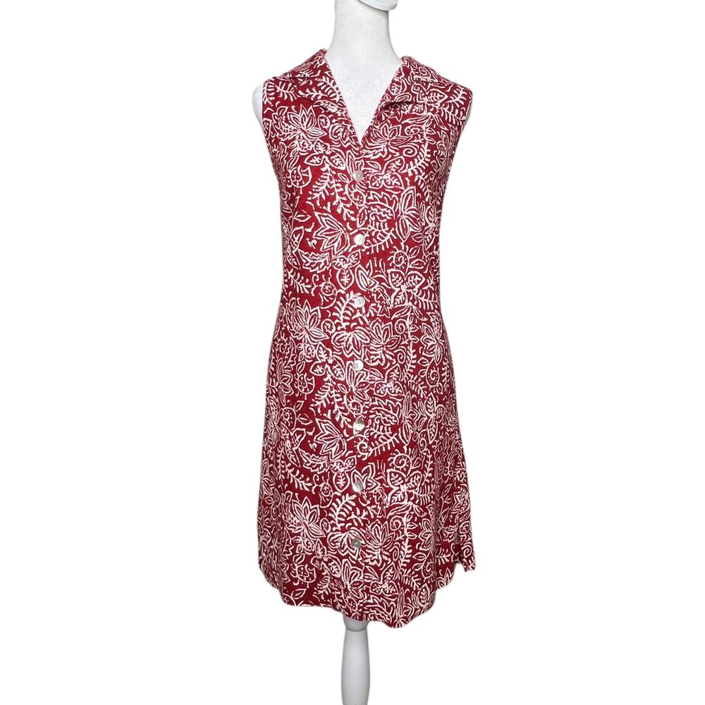 Talbots Linen Button Up Shirtdress 10P 10 Petite Maroon Red Floral Sleeveless